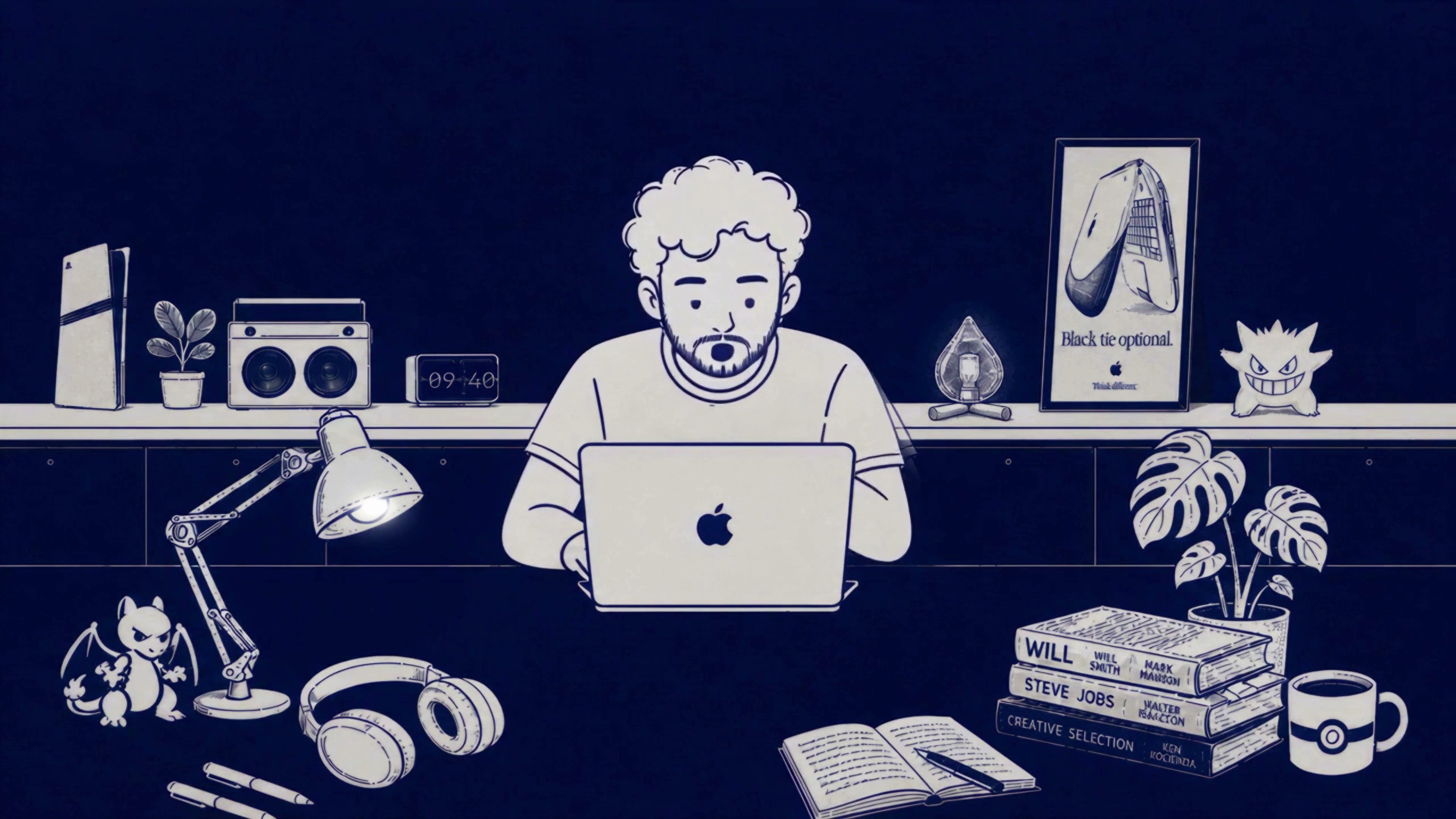 An illustrated Sarthak seated at his desk in a cobalt-blue studio, surrounded by lamps, books, headphones, plants and personal objects